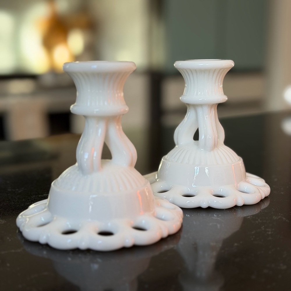 Vintage Westmoreland White Milk Glass Doric Candlesticks